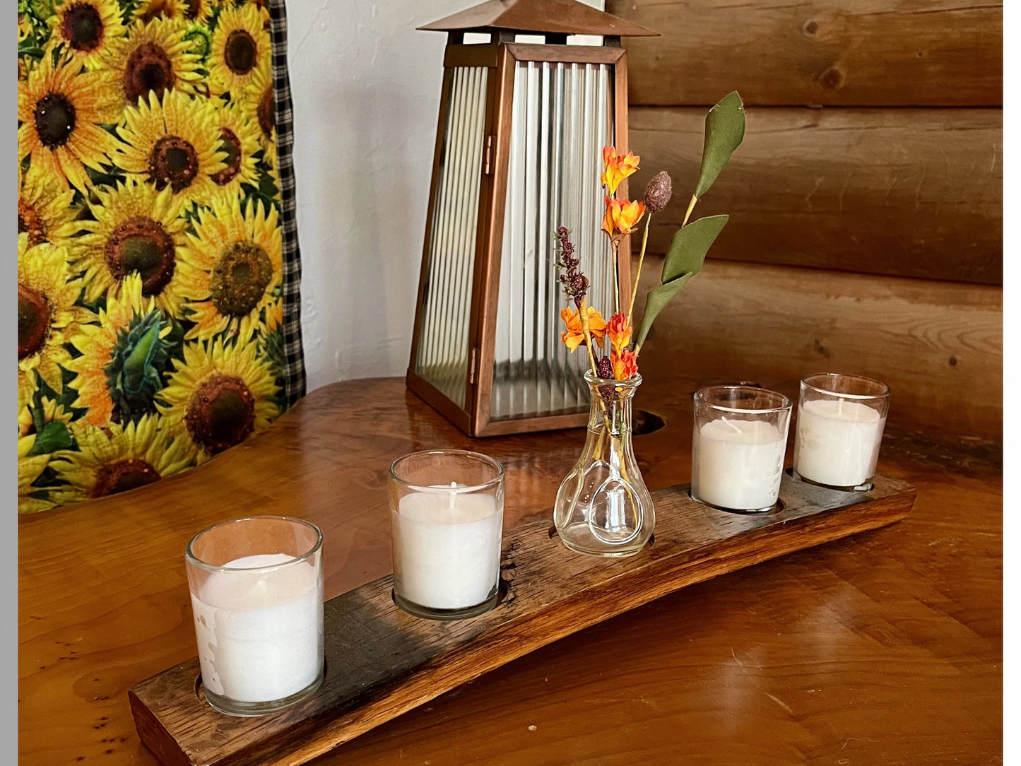 5-light candle holder table display, crafted from genuine whiskey barrel staves, rustic table center