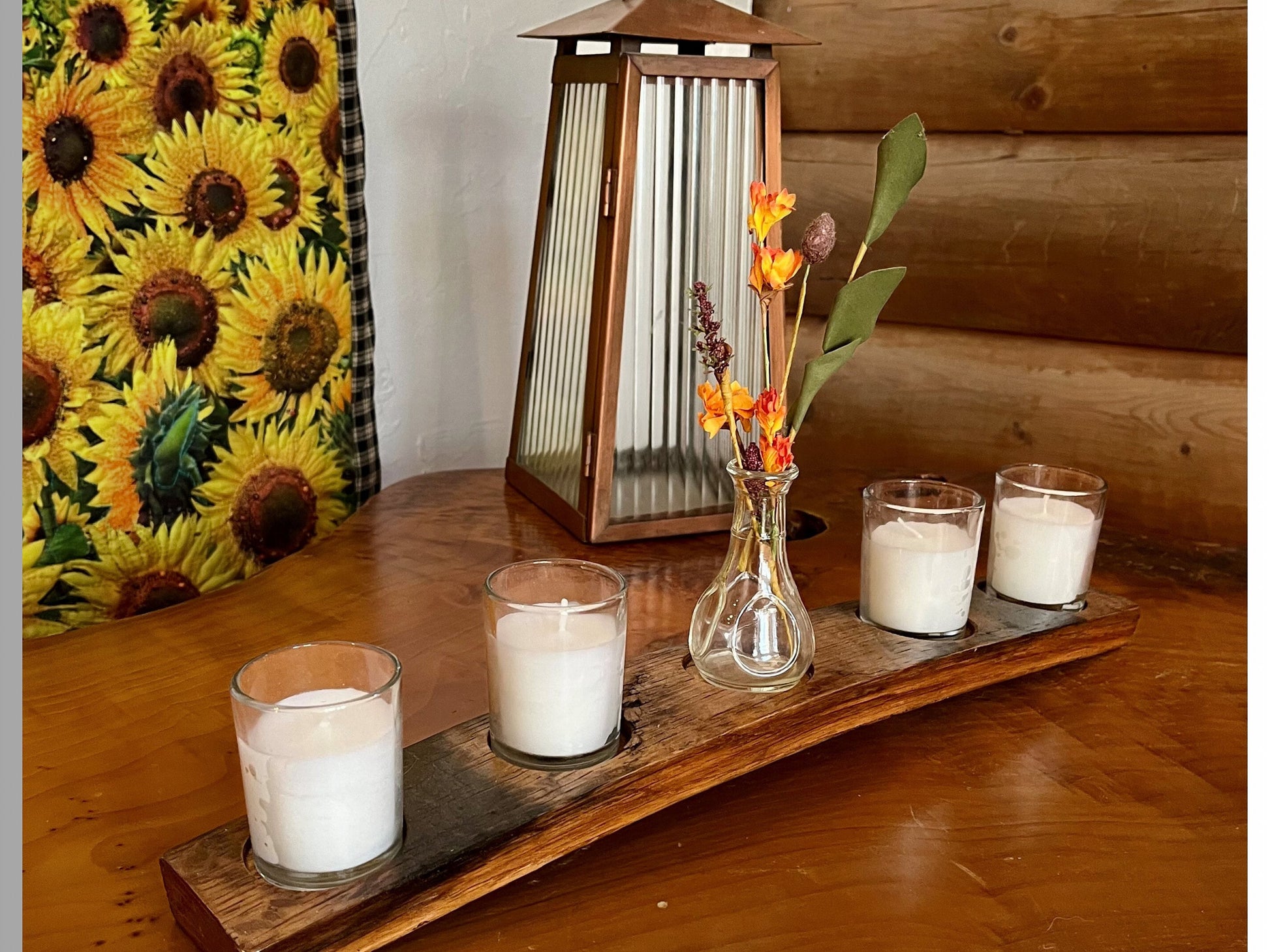 5-light candle holder table display, crafted from genuine whiskey barrel staves, rustic table center