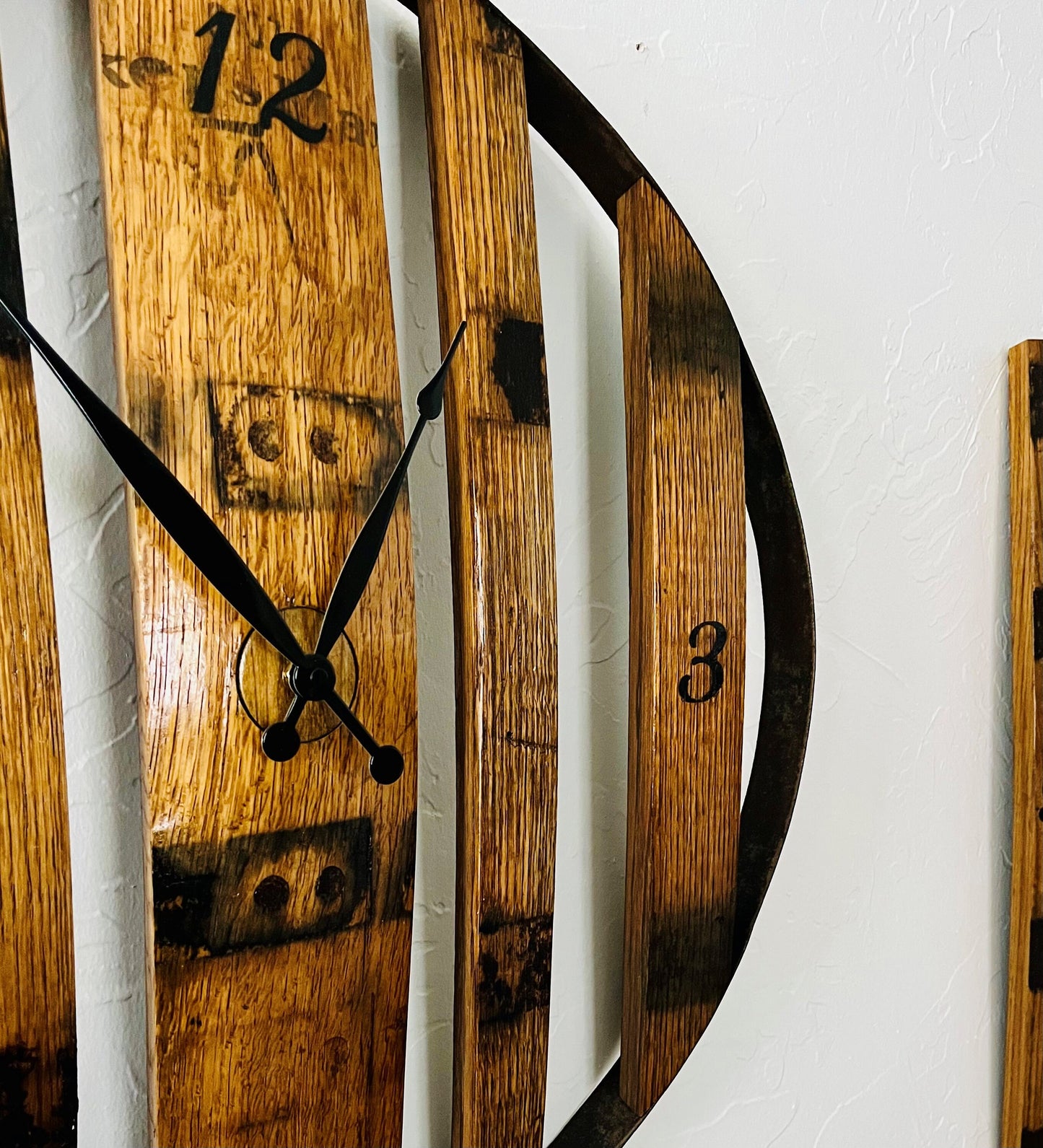 Large 24" Bourbon barrel wall clock with genuine barrel staves and metal band. Perfect in a bar room or mancave, ideal whiskey lover gift