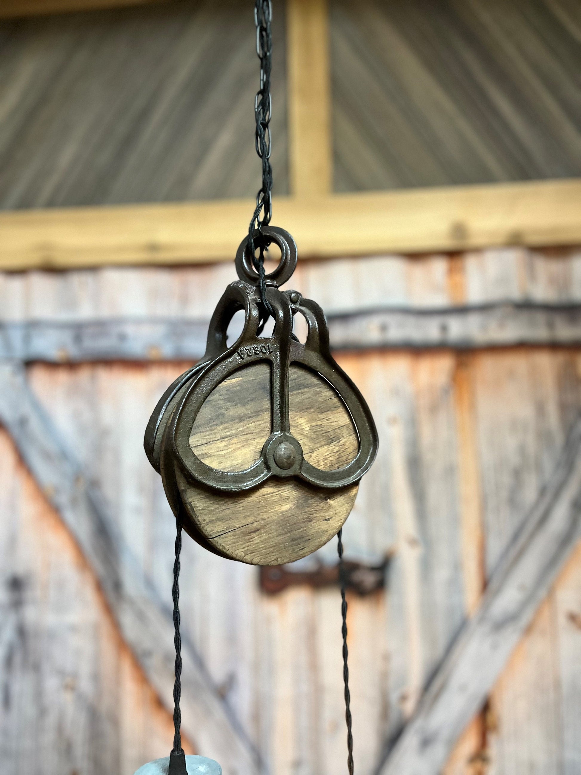 Rustic farmhouse pendant lighting, with antique farm pulley and vintage mason jar lights, cabin style for kitchen, dining room