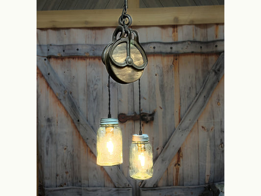 Rustic farmhouse pendant lighting, with antique farm pulley and vintage mason jar lights, cabin style for kitchen, dining room