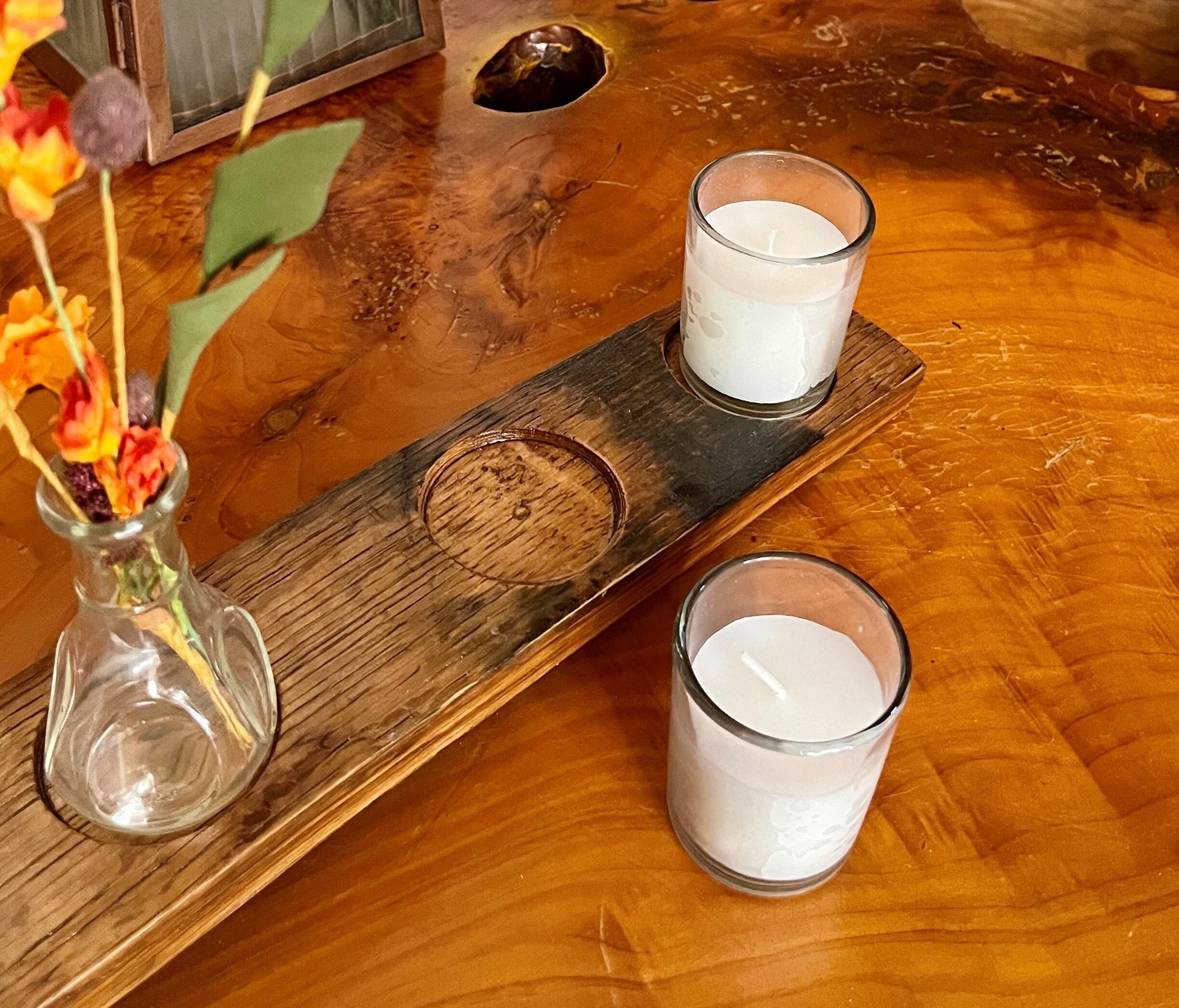 5-light candle holder table display, crafted from genuine whiskey barrel staves, rustic table center