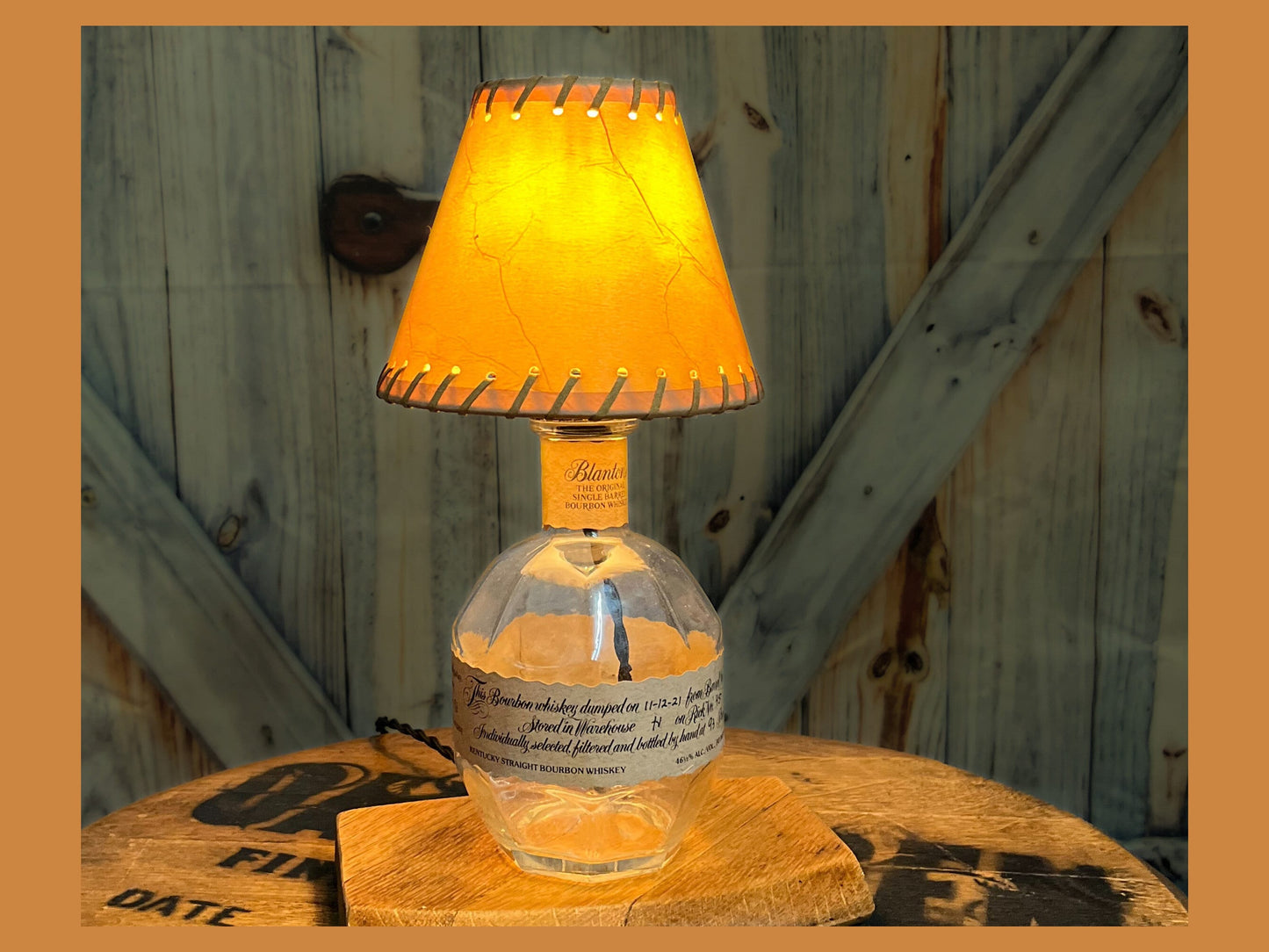 Blantons Bourbon table lamp on oak barrel lid, dimmable light with faux leather shade, perfect home bar or office gift for the whiskey lover