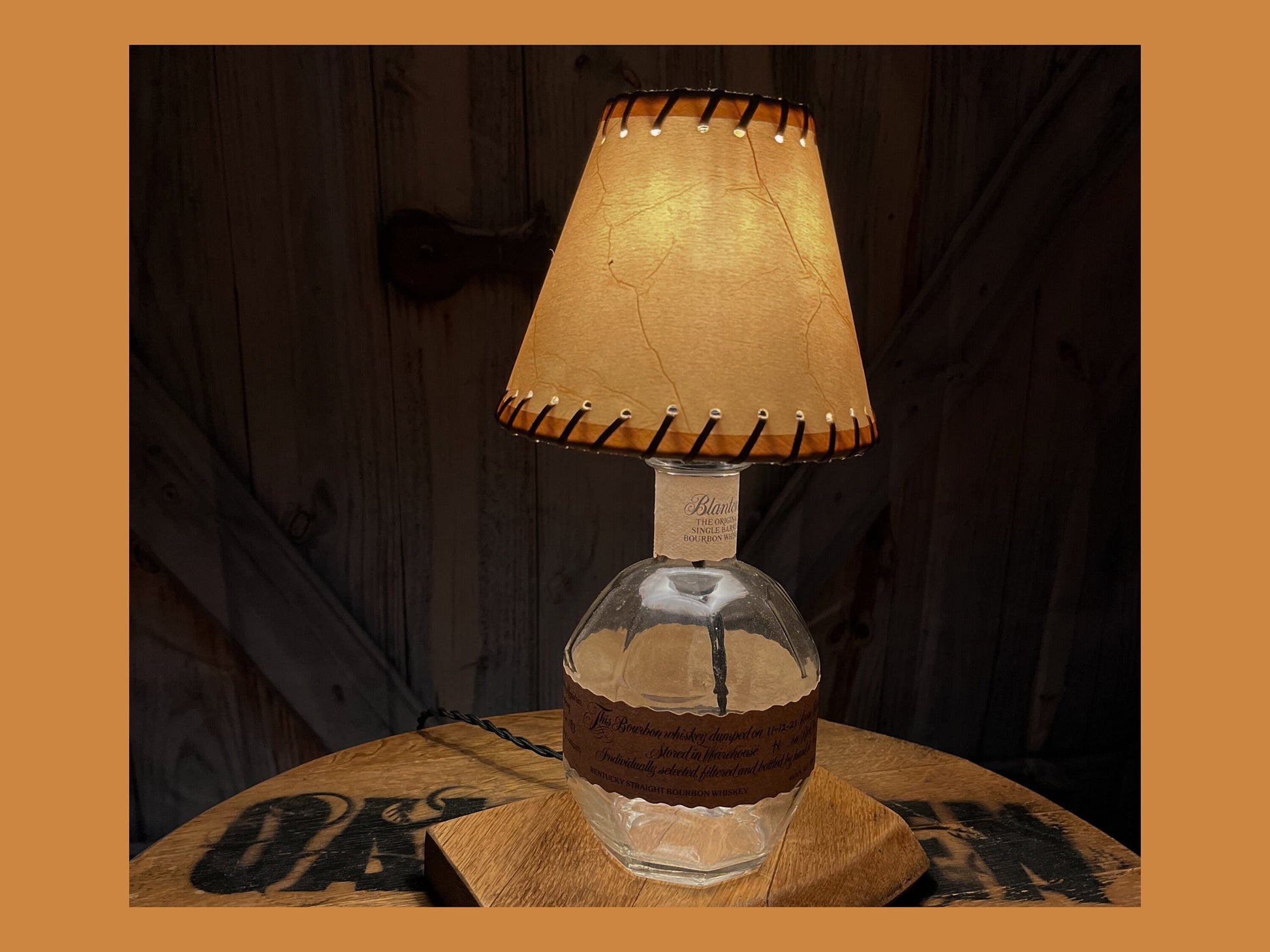 Blantons Bourbon table lamp on oak barrel lid, dimmable light with faux leather shade, perfect home bar or office gift for the whiskey lover