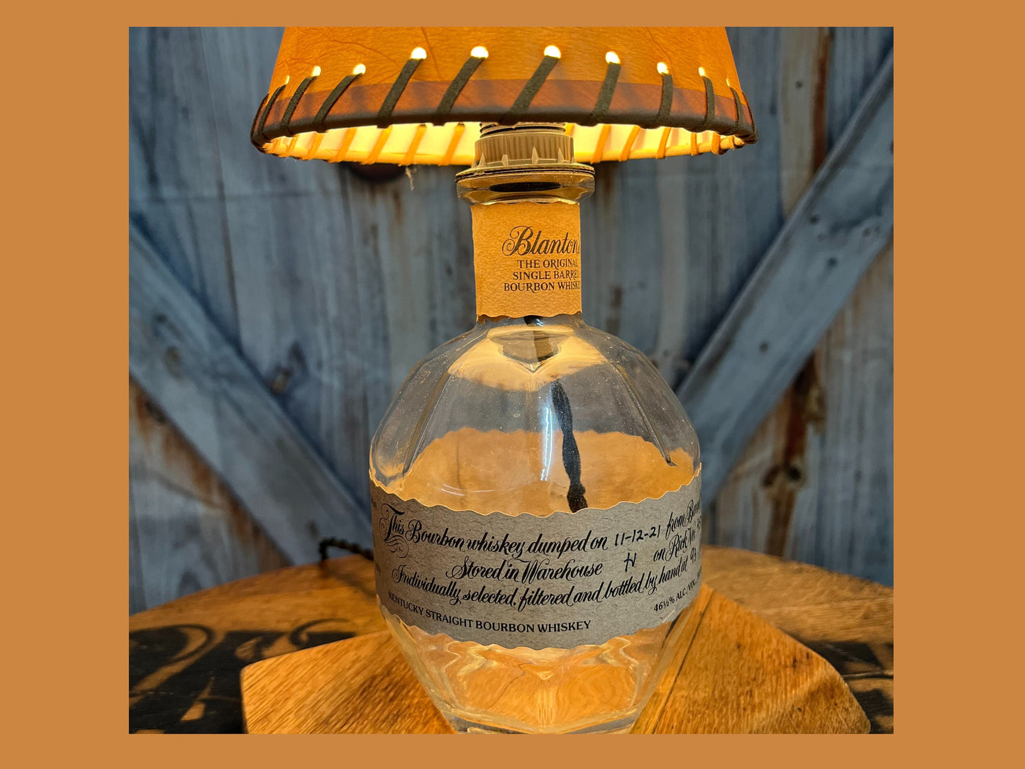 Blantons Bourbon table lamp on oak barrel lid, dimmable light with faux leather shade, perfect home bar or office gift for the whiskey lover