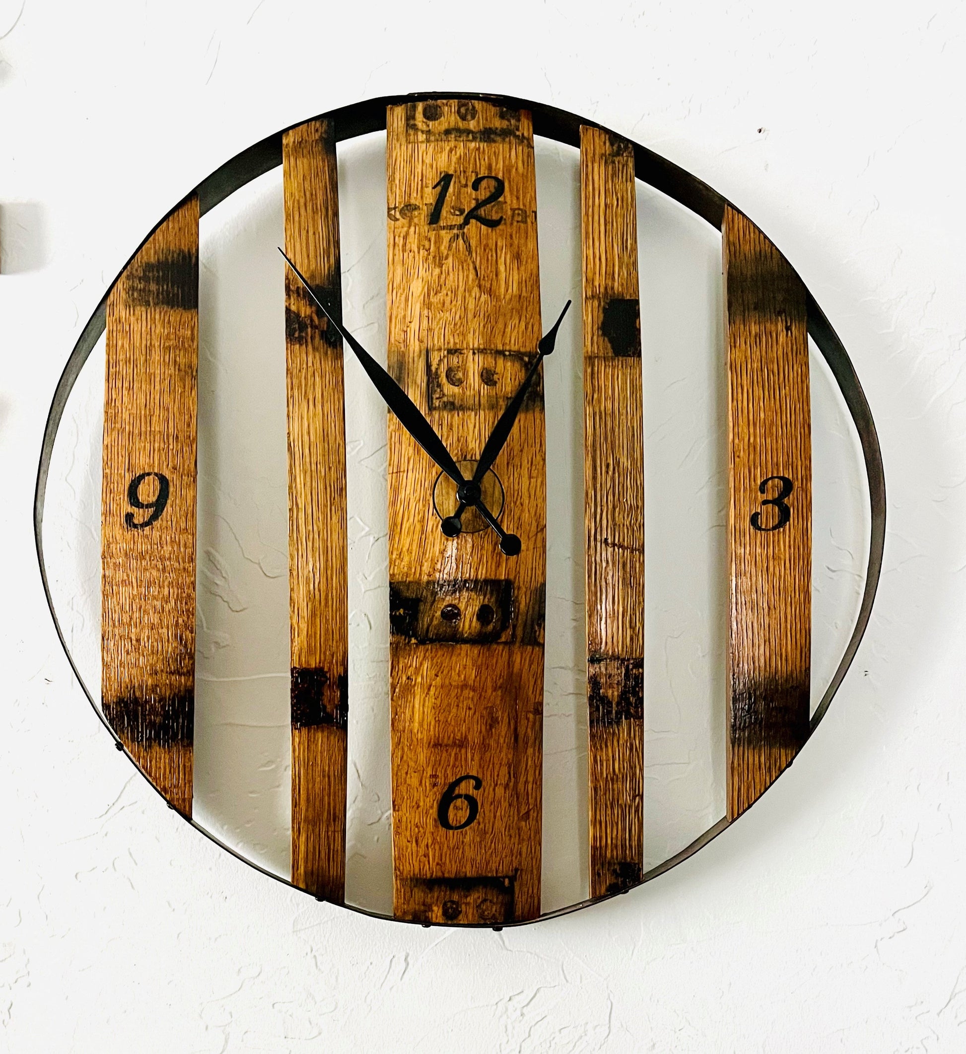Large 24" Bourbon barrel wall clock with genuine barrel staves and metal band. Perfect in a bar room or mancave, ideal whiskey lover gift