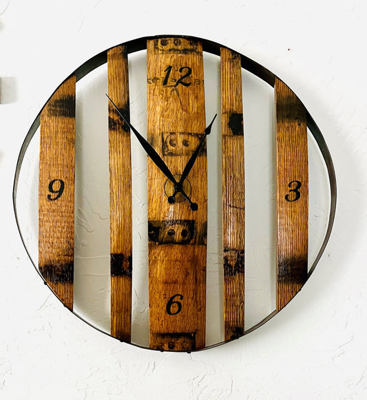 Large 24" Bourbon barrel wall clock with genuine barrel staves and metal band. Perfect in a bar room or mancave, ideal whiskey lover gift