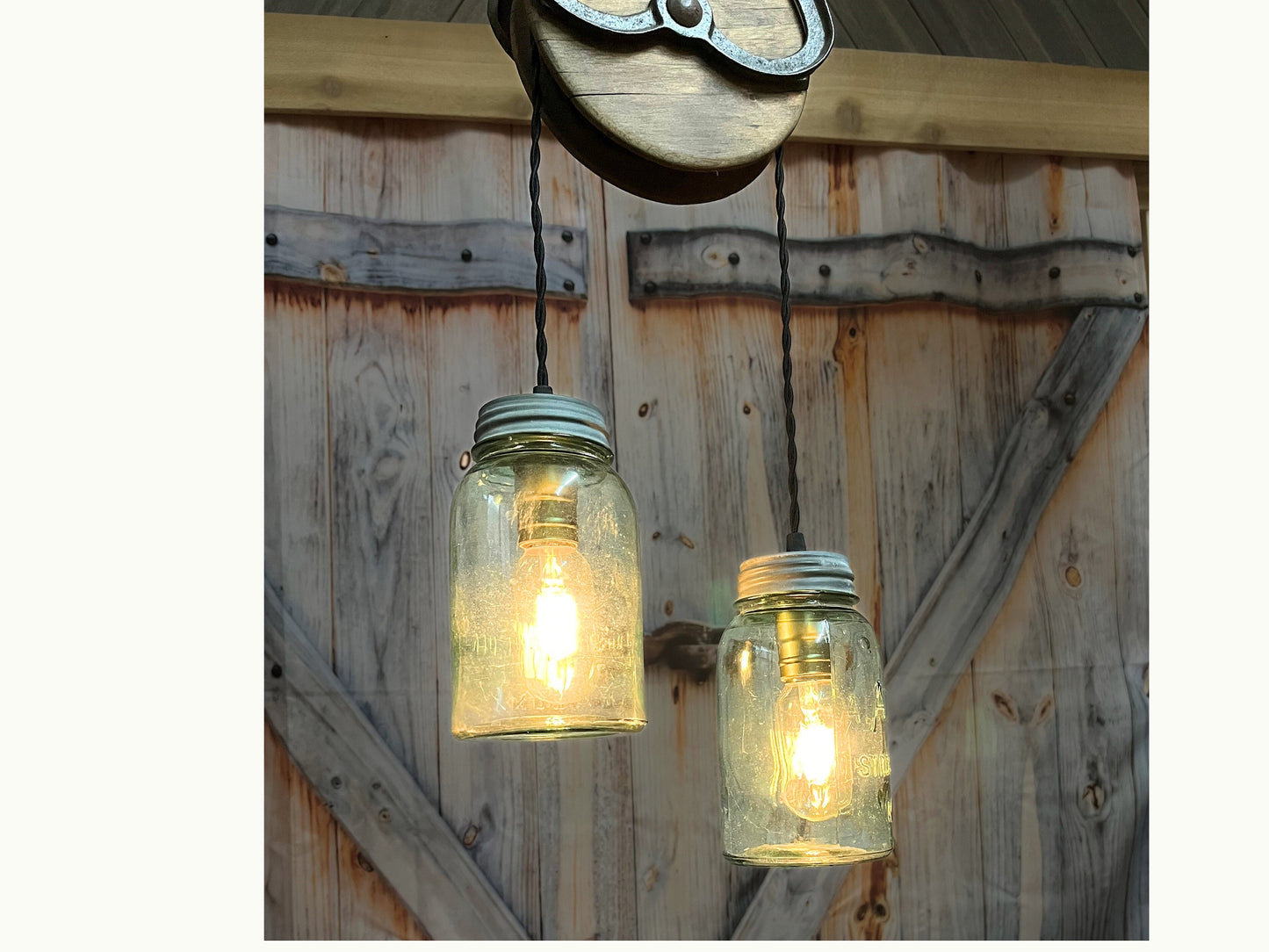Rustic farmhouse pendant lighting, with antique farm pulley and vintage mason jar lights, cabin style for kitchen, dining room