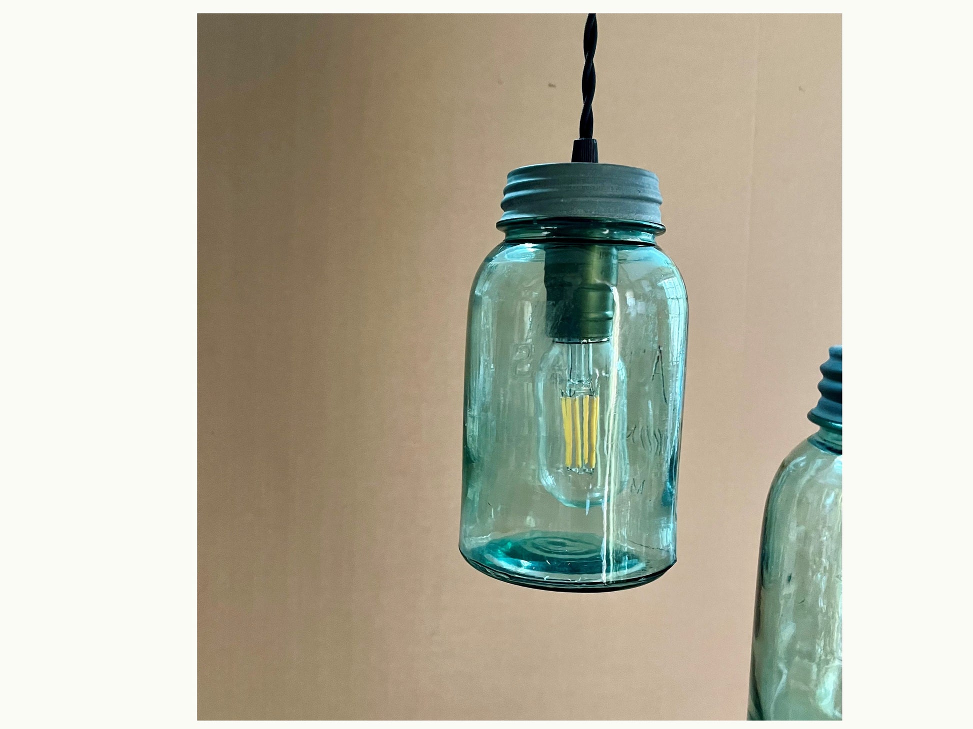 Rustic farmhouse pendant lighting, with antique farm pulley and vintage mason jar lights, cabin style for kitchen, dining room