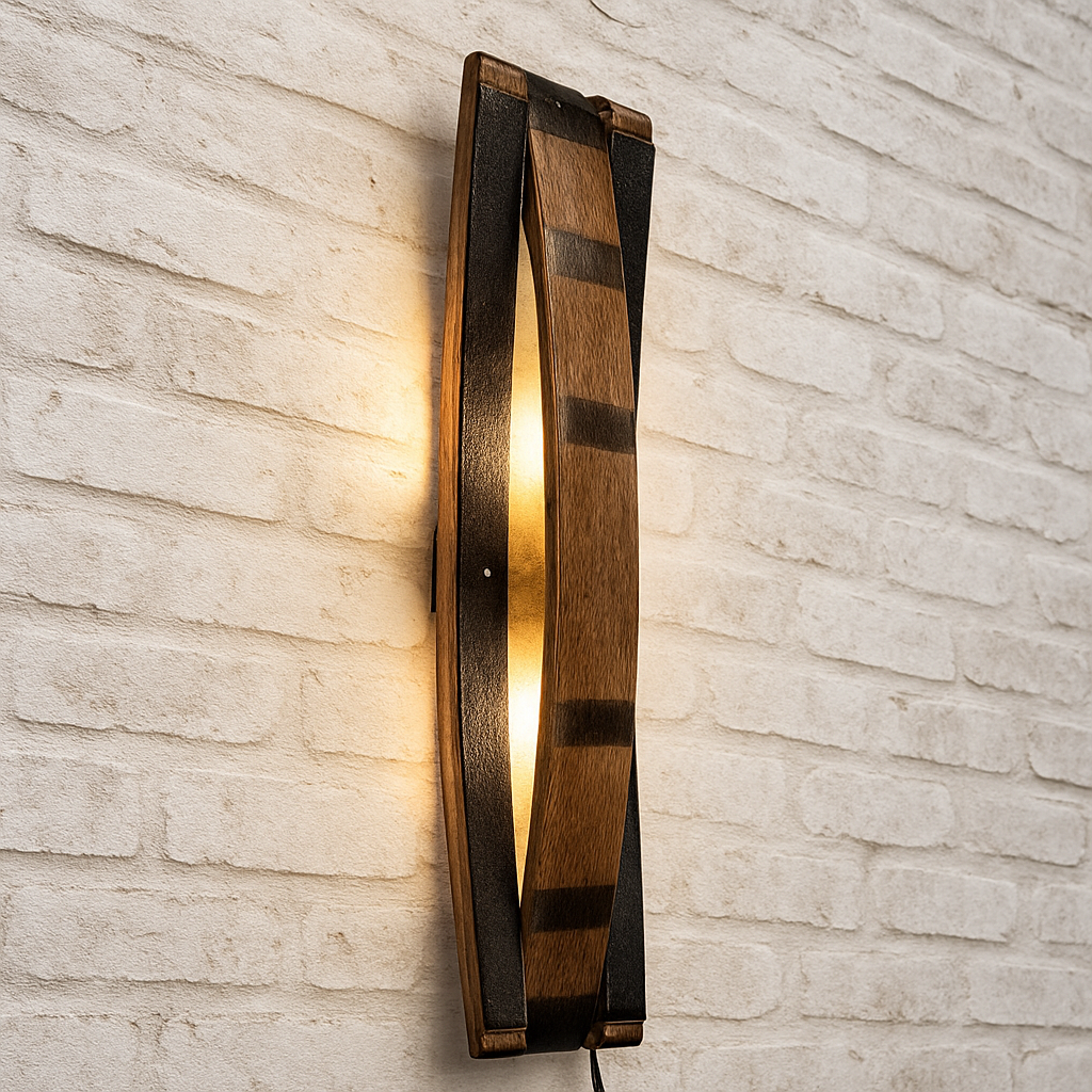 Whiskey barrel stave sconce, rustic lighting for bar room decor, bourbon lovers illuminated wall art perfect for speakeasy or cigar room