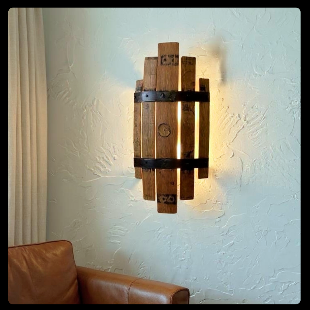 Bourbon barrel stave sconce, rustic charm from handcrafted wall light, whiskey barrel staves offers functionality with stylish wall art