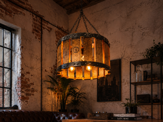 Whiskey Barrel Chandelier, 24" Rustic Farmhouse Light, Handmade Industrial Wood & Steel Lighting Fixture