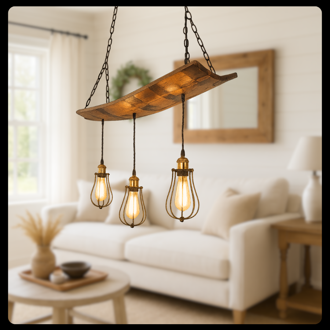 Whiskey barrel chandelier, ideal for mancave or cigar room, unique ceiling pendant from authentic bourbon barrels, adds warmth and character