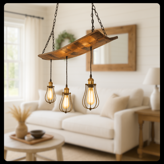 Whiskey barrel chandelier, ideal for mancave or cigar room, unique ceiling pendant from authentic bourbon barrels, adds warmth and character