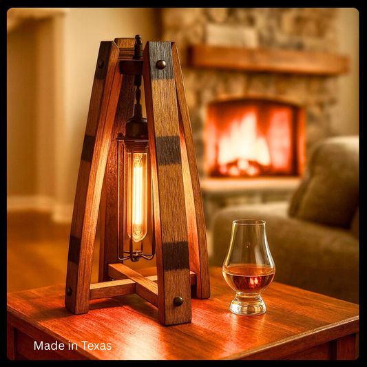 Whiskey barrel stave table lamp ideal for the whiskey lover, rustic elegance of a handcrafted light from authentic a bourbon barrel