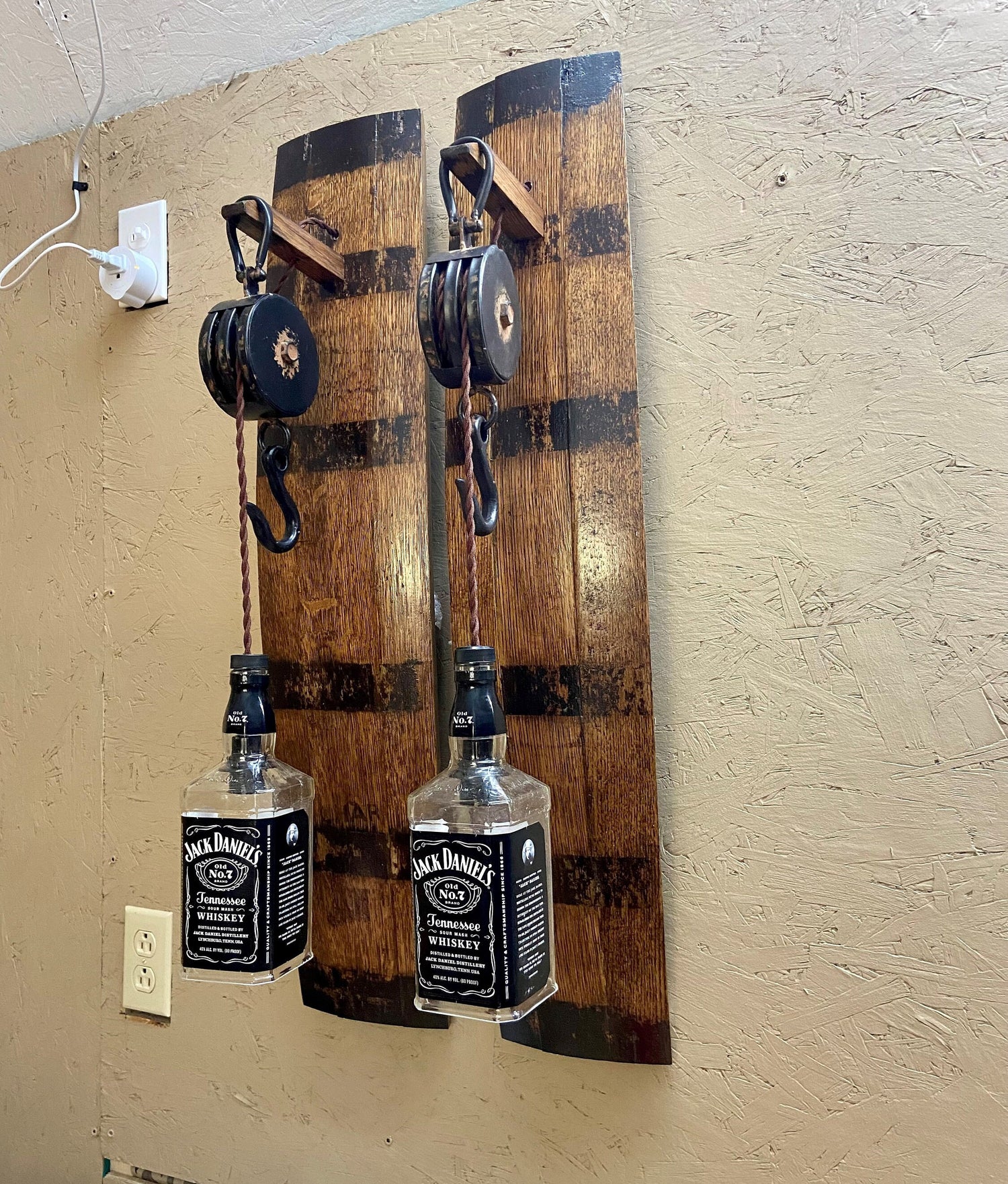 Sconce light features Jack Daniels bottle, whiskey barrel wall light for bar room or mancave, bourbon lovers gift with metal pulley