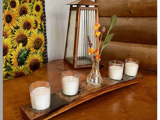 5-light candle holder table display, crafted from genuine whiskey barrel staves, rustic table center